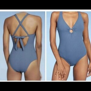 Kona Sol Blue Ribbed One Piece Blue Swimsuit Ring Tie Back, Large, Nwot